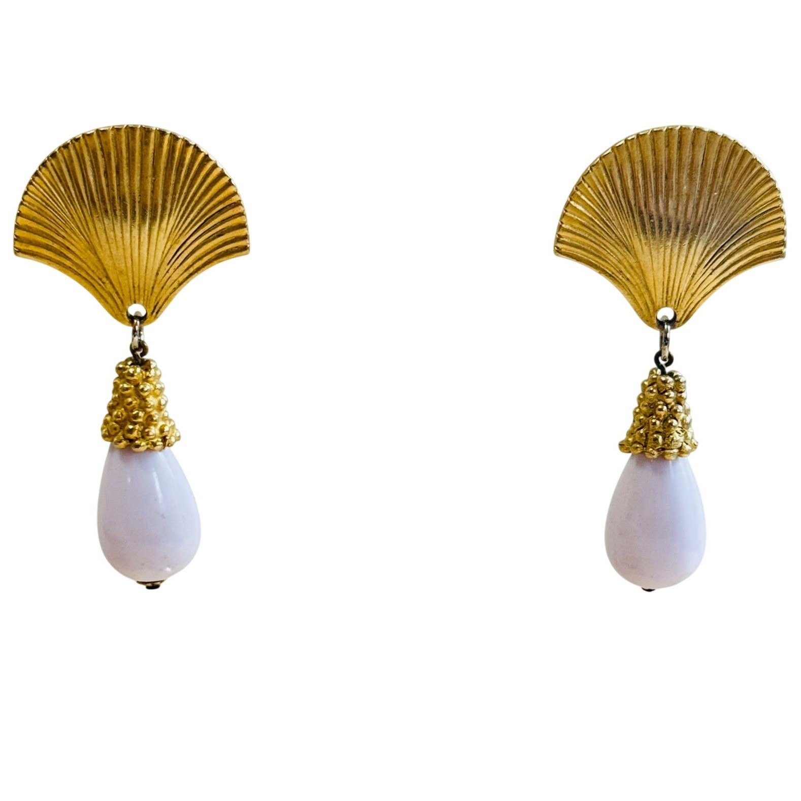 Vtg Craft Seashell Satin Gold Tone Earrings Pierced Dangle Statement 90s 275L 47$